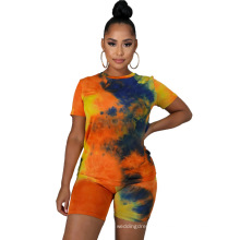 2021 fashion summer short sleeves two piece tye dye tshirt xs-5xl pants set for woman plus vendor